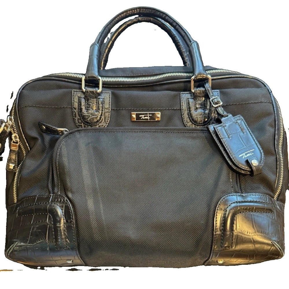 TUMI 73226D Black Leather Nylon Laptop Briefcase 15in Padded Adjustable Strap